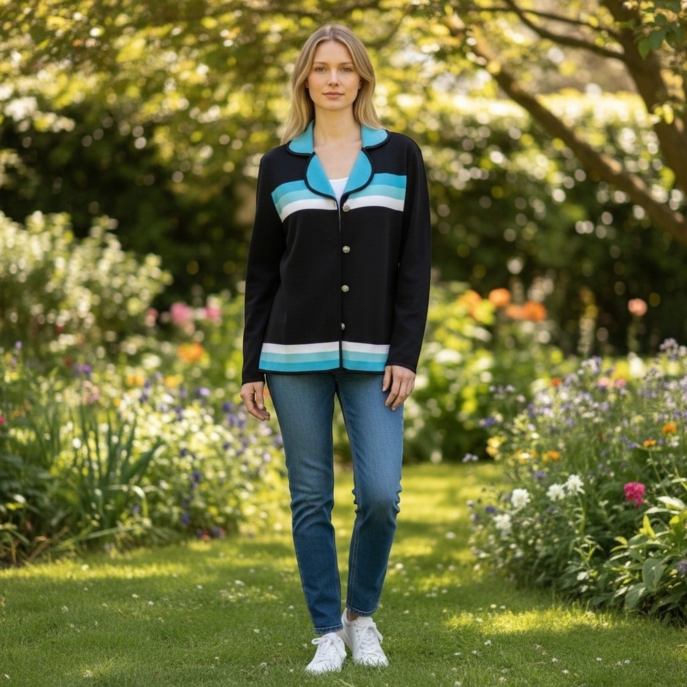 Exclusively Misook Vintage Black Knit Cardigan Gem Buttons Blue Stripes Sz M